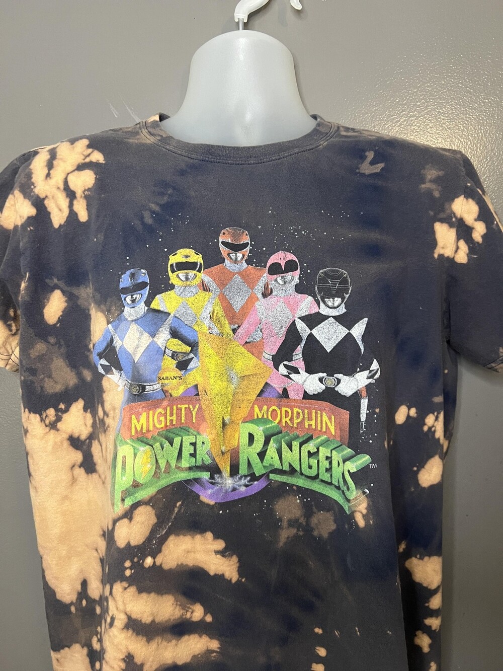Mighty Morphin Power Rangers Shirt Mens Large Black Bleach Tie Dye Graphic Tee